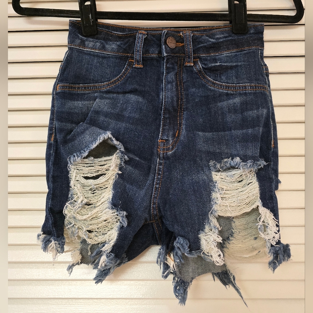 Aphrodite By AP Blue - Distressed Cotton Denim Shorts With Pockets